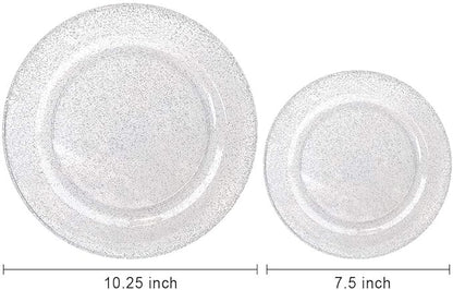 WDF 120PCS Silver Plastic Plates- Disposable Silver Glitter Plates, Premium Heavy Duty 60-10.25" Dinner Plates and 60-7.5" Salad Plates for Parties Wedding Valentine's Day