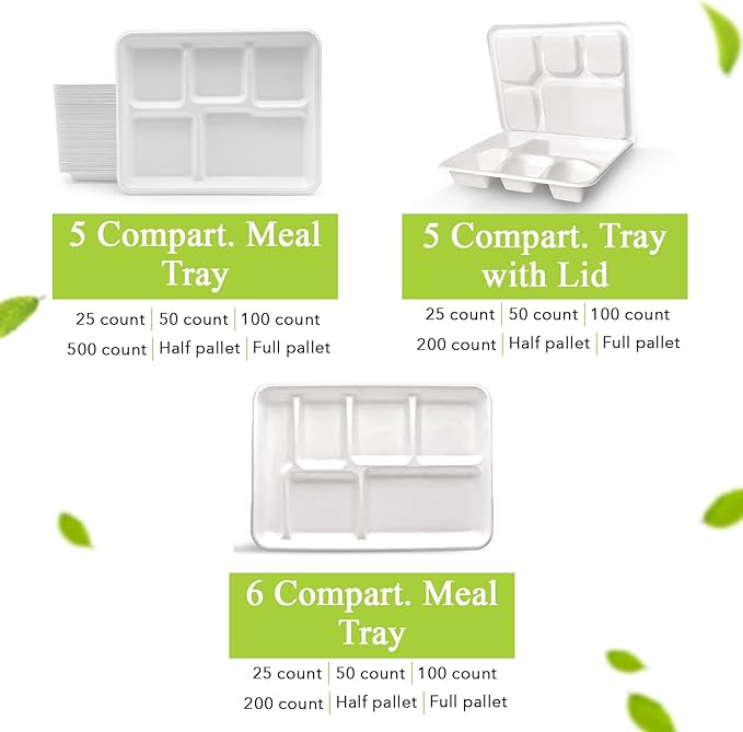 three leaf 5 COMPARTMENT MEAL TRAY WITH LID SET, 50 SETS. Heavy-Duty- Super Strong- Natural- Eco-Friendly Disposable Bagasse Tray with Lid, 100% Biodegradable Plates
