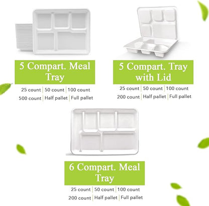 three leaf 5 COMPARTMENT MEAL TRAY WITH LID SET, 125 SETS. Heavy-Duty- Super Strong- Natural- Eco-Friendly Disposable Bagasse Tray with Lid, 100% Biodegradable Plates