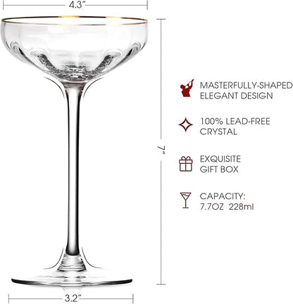Vintage Coupe Glasses Set of 4, Tall Stemmed Martini Glasses, Gold Rim Cocktail Champagne Glasses, Perfect for Bar, Martinis, Margaritas, Parties, Ideal Gift Choice, 7.7oz Clear