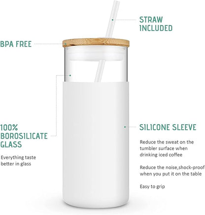 Tronco 20 oz Glass Tumbler with Lid and Straw, Iced Coffee Cup and Smoothie Cup with Bamboo Lids & Protective Silicone Sleeve, Dishwasher Safe, BPA-Free, Glass Cup 1 Pack