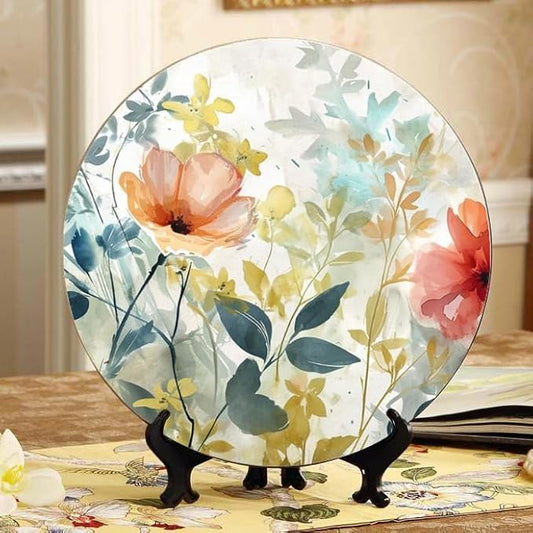 10 Inch Subtle Floral Watercolor Decorative Ceramic Plates with Display Stand Perfect for Office Wall Hanging DP-290705491