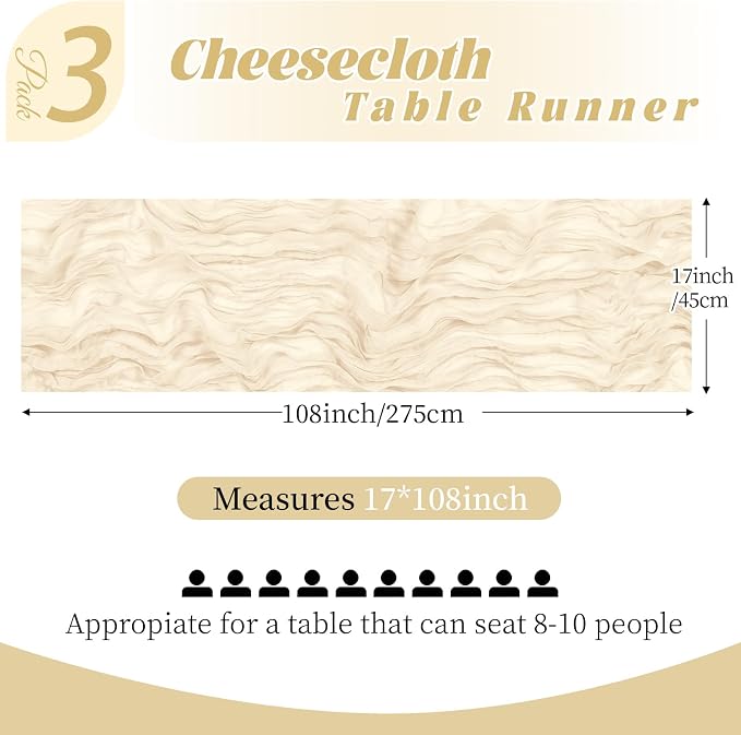 3 Pack Ivory Cheesecloth Table Runner, 17 x 108 Inch, Gauze Cheese Cloth Table - Image 2