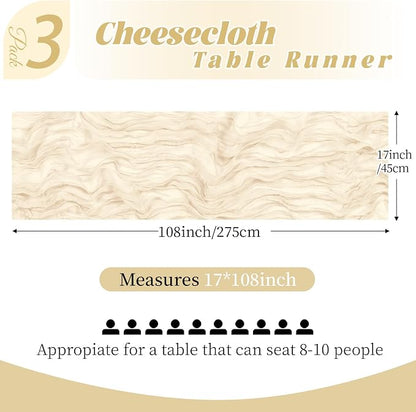 3 Pack Ivory Cheesecloth Table Runner, 17 x 108 Inch, Gauze Cheese Cloth Table - Image 2
