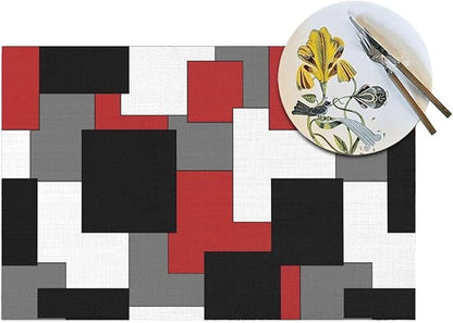 Red Black Grey White Placemats Set of 4 Abstract Modern Art Geometric Wipeable Table Mats Reusable Washable PVC Rectangle Place Mats for Kitchen Dining Home Decor 12x18 Inches