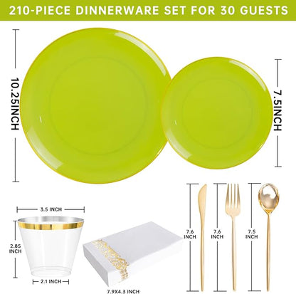 MirthMood 210pcs Green Plastic Plates,Disposable Green Gold Party Plates,Include 30 Dinner,Dessert Plate,30 Cup&30 Napkins, 90 Gold Silverware for Wedding & Party & Birthday（grape green）