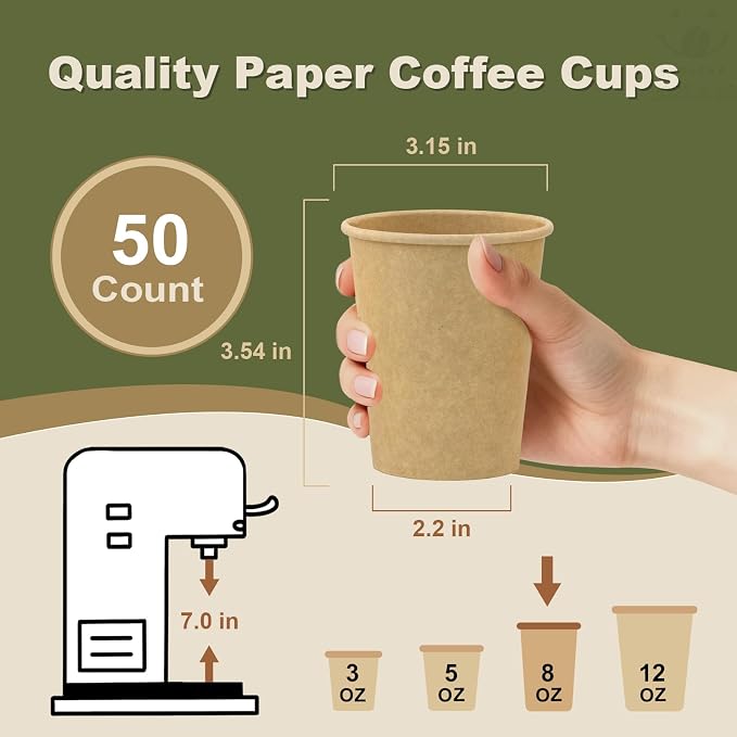 8 oz 50 Pack Disposable Coffee Cups, Bulk Brown Disposable Paper Cups, Coffee - Image 3