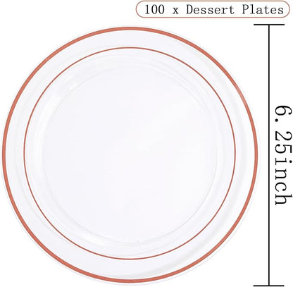 bUCLA 100PCS Clear Rose Gold Plastic Plates Disposable - Heavy Duty 6.25 Inch Clear Plastic Dessert Plates with Rose Gold Trim - Ideal for Party, Wedding & Valentines Day