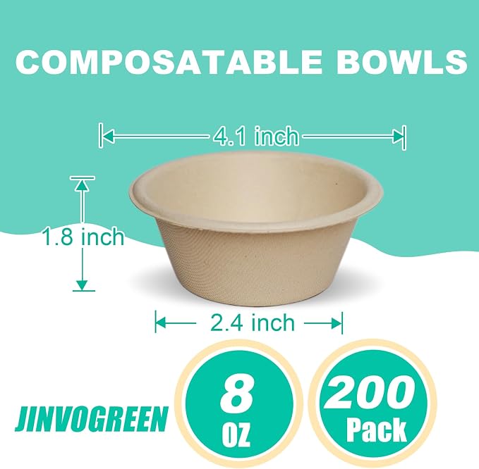 JINVOGREEN 200 Count 8 oz Paper Bowls, Small Disposable Compostable Bowls - Image 3