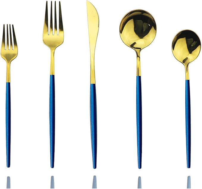 Blue Gold Silverware Set, JASHII 30-Piece Stainless Steel Satin Finish Flatware by JASHII