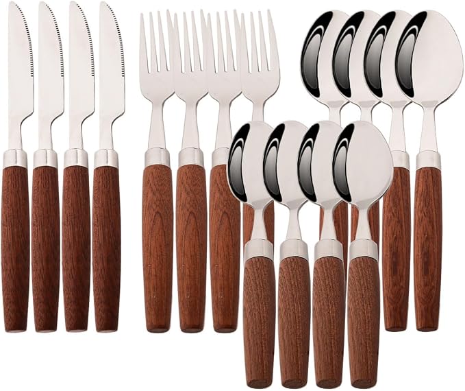 16-Piece Wooden Handle Silverware Set, BRIIEC 304 Stainless Steel Flatware Set by BRIIEC
