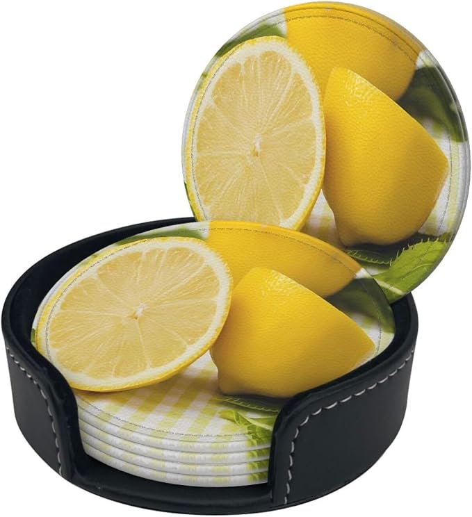 6 Pcs Yellow Summer Lemon Leather Coasters - Image 2