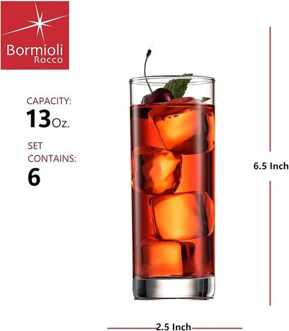 Bormioli Rocco Cortina 13.5 Oz Cooler Glass (Set of 6) - Elegant & Versatile Drinking Glasses for Soft Drinks, Long Drinks, Crushed Ice Beverages - Barware Essential, Dishwasher Safe Glassware