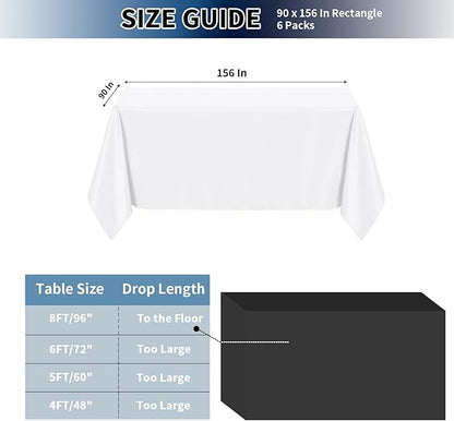 PureFit 6 Pack Rectangle White Table Cloths 90 x 156 Inch for 8Ft Tables, Stain and Wrinkle Resistant Table Linens for Home Use, Wedding, Party, Banquet and Camping