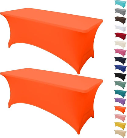 2Pack 8FT Table Cloth for Rectangular Fitted Events Stretch Orange Table Covers Washable Spandex Tablecloth Protector for Party, Wedding, Cocktail, Banquet, Festival