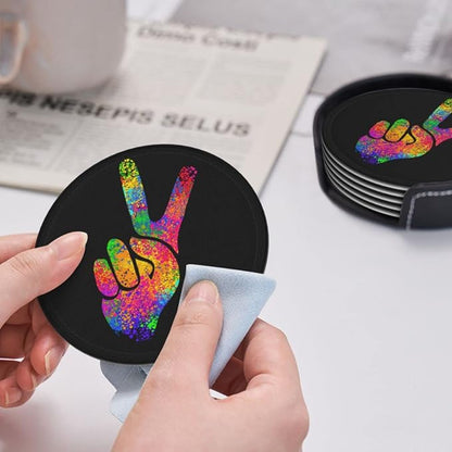 6 Pcs Hippie Two Fingers Symbols Peace Sign Leather Coasters - Image 6