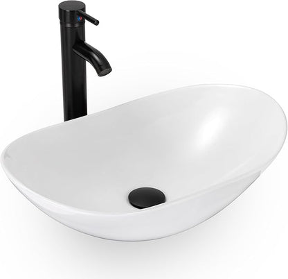 eclife Bathroom Ceramic Sink Bowl Classic White Boat Porcelain Vessel Sink and Faucet Combo for Bathroom Countertop Bowl Sink & ORB Pop Up Drain (T44)