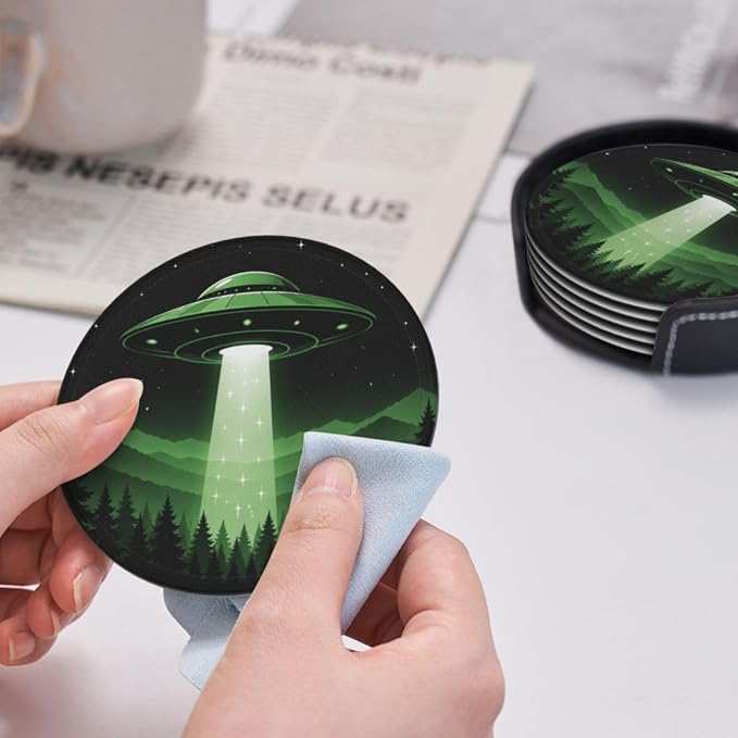 Modern UFO Mountain Art Leather Coasters Set of 6 - Image 6