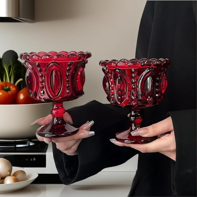 Carnival Glass Vintage Footed Dessert Cups Set of 2, 9oz Embossed Goblet - Image 2