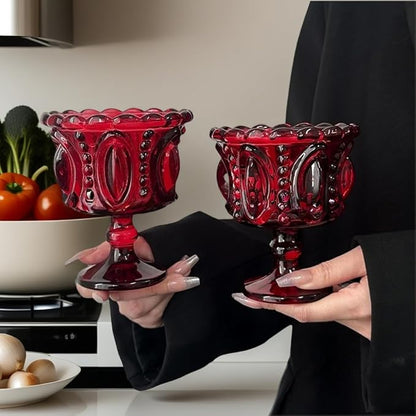 Carnival Glass Vintage Footed Dessert Cups Set of 2, 9oz Embossed Goblet - Image 2