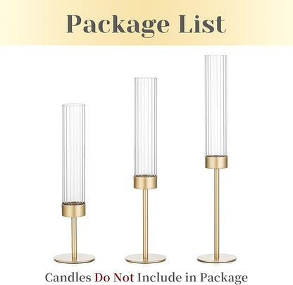 Hewory Gold Hurricane Candle Holders: Brass Candlestick Holders Set of 3 Tall Taper Candle Holders for Candlesticks Candle Sticks Holder Decor for Table Centerpiece Wedding Party Christmas Decorations