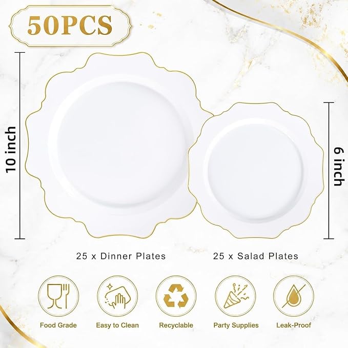 50PCS White and Gold Plastic Plates - Image 3