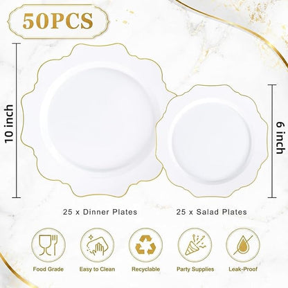 50PCS White and Gold Plastic Plates - Image 3