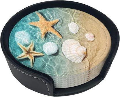 6 Pcs Coastal Beach Ocean Leather Coasters - Image 5
