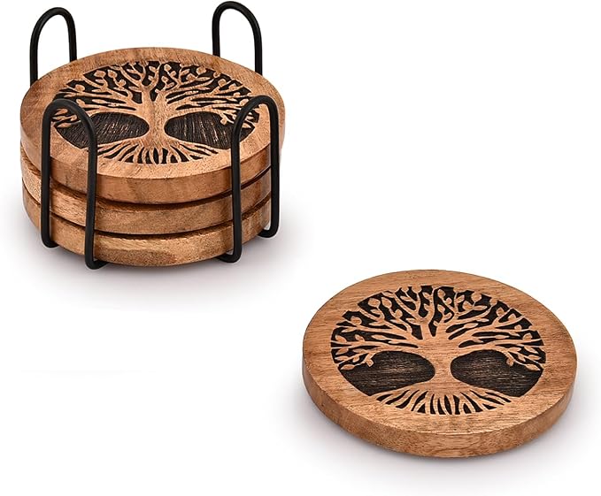 Kimona Coasters Set of 4 Handmade Round Wooden Tree of Life Coasters - Image 3