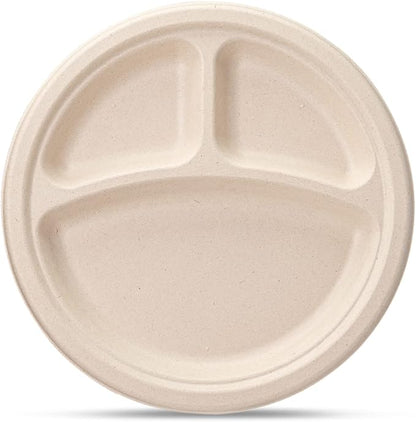 GUSTO [Case of 500 9 Inch Heavy-Duty 100% Compostable, 3 Compartment Eco-Friendly, Kraft Disposable Sugarcane Paper Plates - Brown Unbleached (Formerly Comfy Package)