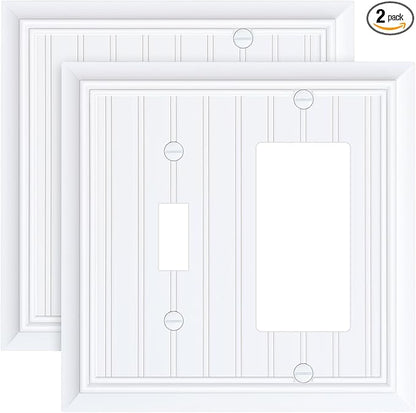 2-Pack Classic Beadboard Combo Toggle/Decorator Light Switch Cover Plate, Pure White Decorative Electrical Outlet Covers, Durable Natural Bamboo Fiber Switch Plates and Outlet Covers