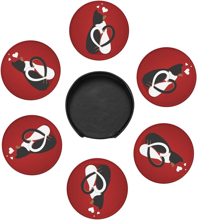 Drink Coasters with Holder Stand Set of 6, Valentine's Day Cat Pu Leather - Image 5