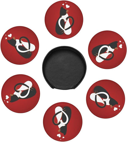 Drink Coasters with Holder Stand Set of 6, Valentine's Day Cat Pu Leather - Image 5
