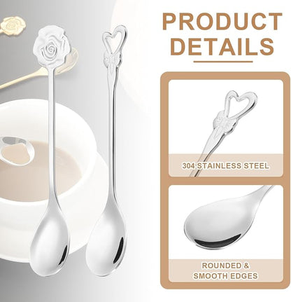 PATIKIL 4pcs Coffee Spoons, Heart/Rose Tea Spoons 304 Stainless Steel Teaspoons - Image 3