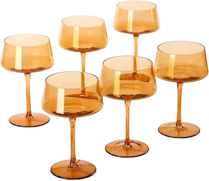 Hand Blown Colored Coupe Glasses Set of 6-13oz large Crystal Martini, Cocktail & Champagne Glasses -Cute & Colorful Cocktail Glassware-Perfect for Bar, Cocktails, Martinis-Wedding Gifts