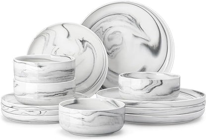 MALACASA Plates and Bowls Sets, 12 Pieces Porcelain Dinnerware Sets Dishware Sets Chip Resistant Ceramic Dish Set Dining Dinner Ware Service for 4, Marble Grey, Series LUNA