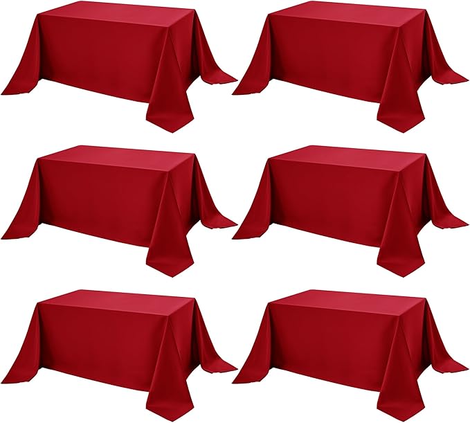 6-Pack Red Tablecloths for Rectangle Tables, 90 x 132 Inches, Stain-Resistant Polyester Fabric for 8 Foot Tables - Washable Table Covers for Weddings, Banquets, Birthday Parties, Events