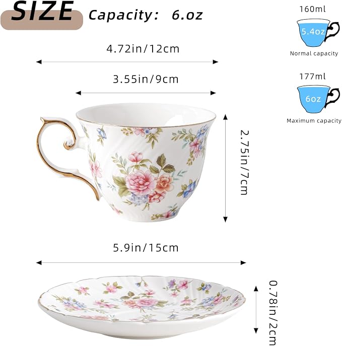 Agyiuns tea cups and saucers ceramic coffee mug 6oz set of 4 - Image 2