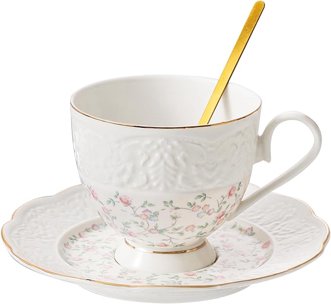 TATSUMI Interglio Embossed Bone China Tea Cup and Saucer Set, 3 Pieces Vintage by TATSUMI