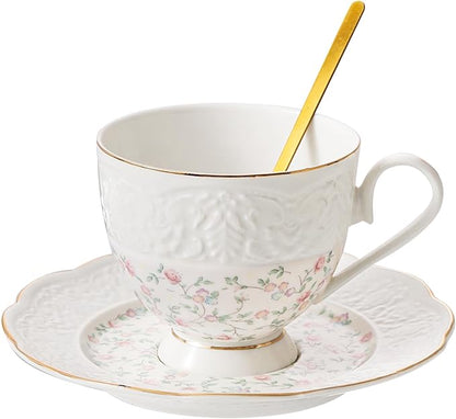 TATSUMI Interglio Embossed Bone China Tea Cup and Saucer Set, 3 Pieces Vintage by TATSUMI