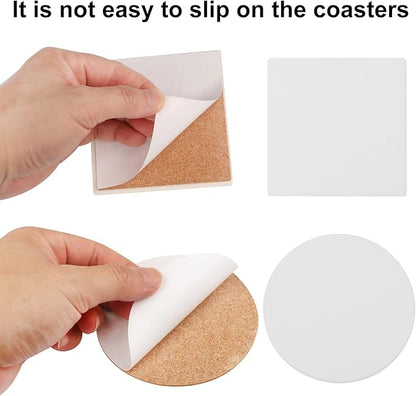 50 PCS 4 Inch Round and Square Ceramic Coasters with Cork Backing Pads, Unglazed Ceramic Tiles for Arts and Crafts, DIY, Ceramics Tiles to Paint, White Coasters Tiles Bulk for Art Projects
