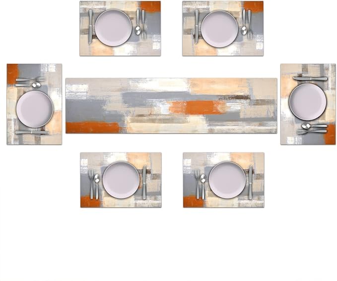 Orange and Grey Table Runner and Place Mats Set of 6 Abstract Modern Table - Image 2