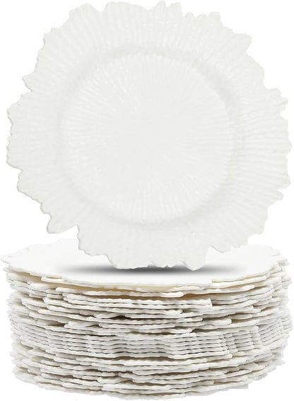 LOYALHEARTDY 24 Pack 13 Inch White Charger Plates, Plastic Reef Textured Rim Round Decorative Underplates for Wedding, Party, Dinner Table