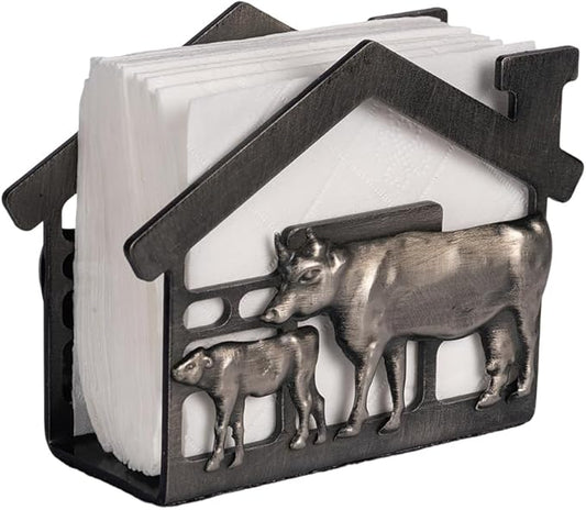 Metal Napkin Holder for Tabletop, Rustic Farmhouse Cow & Calf Napkins Holder for Paper Napkins, Vintage Metal Tissue Napkin Dispenser, Napkin Table Decor for Kitchen (Cow and Calf/Black)