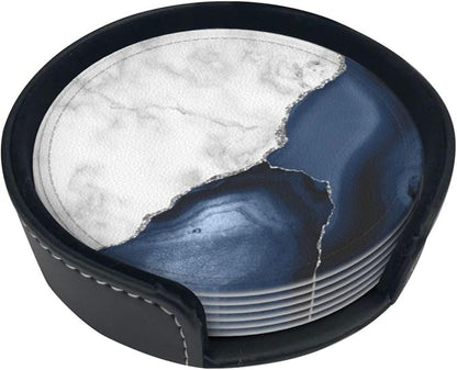 6 Pcs White Navy Blue Silver Marble Leather Coasters - Image 2