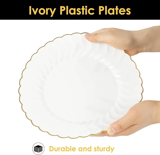 Lullaby 96PCS Ivory Scalloped Plastic Plate - Image 3