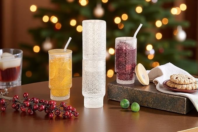 Vintage Glass Cups with Bamboo Lids and Straws–4Sets 11oz Iced Coffee Cups - Image 8