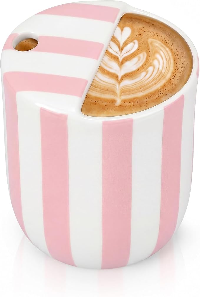 Ceramic Mug with Sip Hole 10 oz Novelty Pink Striped Ceramic Coffee Mug Hand by Ferrochef