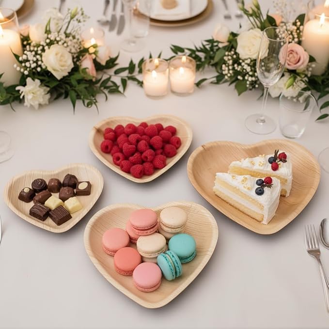 Charity Leaf Disposable Palm Leaf 12" Heart Plates (50 pieces) Bamboo Like Serving Platters, Disposable Boards, Eco-Friendly Dinnerware For Valentines, Weddings, Catering, Events