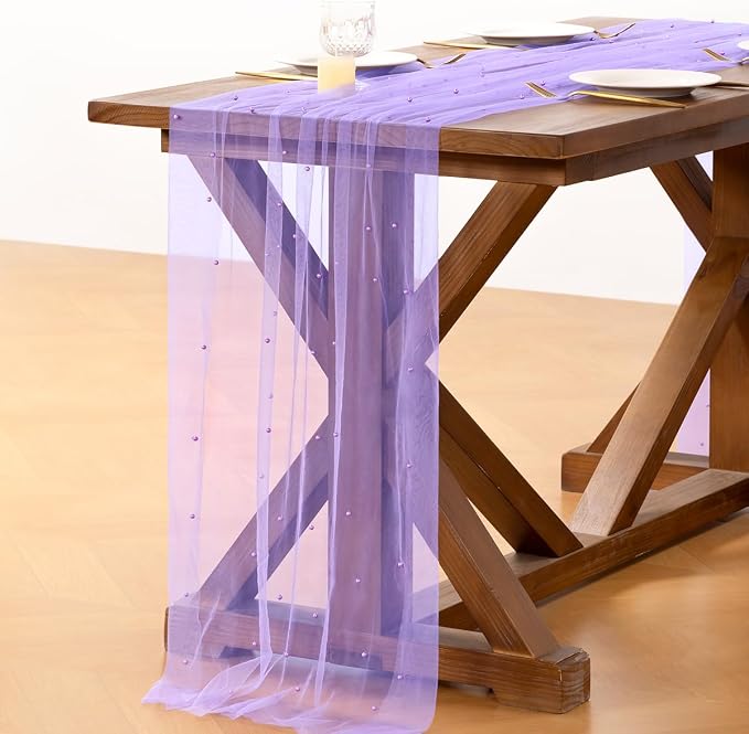 Pearl Table Runner Summer Tulle Gauze Sheer Wedding Party Home Decor | Purple - Image 4